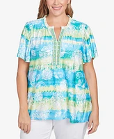 Ruby Rd. Plus Size Batik Embroidered Tie Dye Puff Print Top