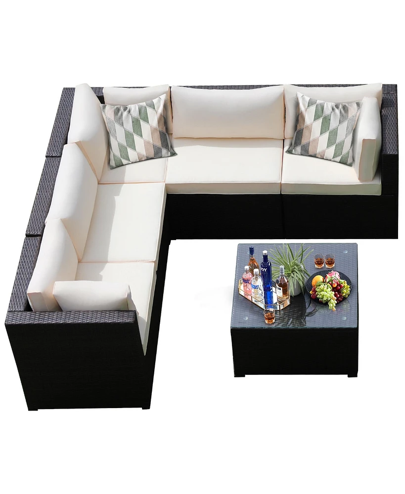 Gymax 6PCS Rattan Patio Sectional Sofa Conversation Set Outdoor w/ Beige Cushions