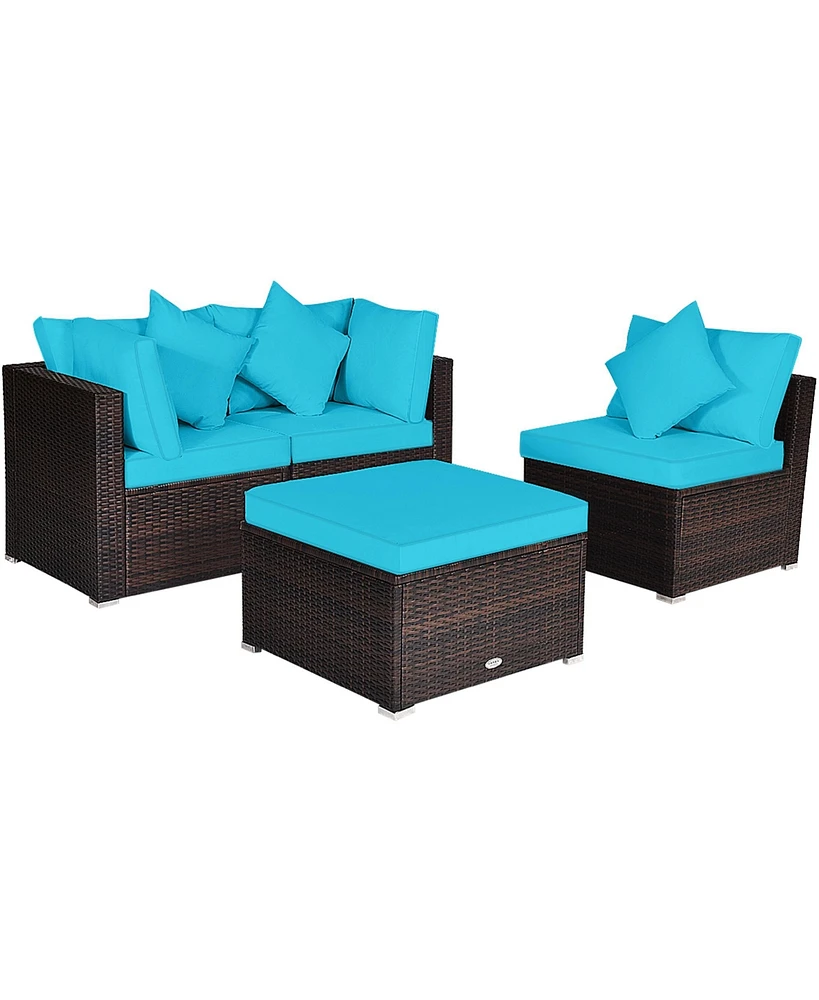 Gymax 4PCS Rattan Patio Conversation Furniture Set Yard Outdoor w/ Turquoise Cushion