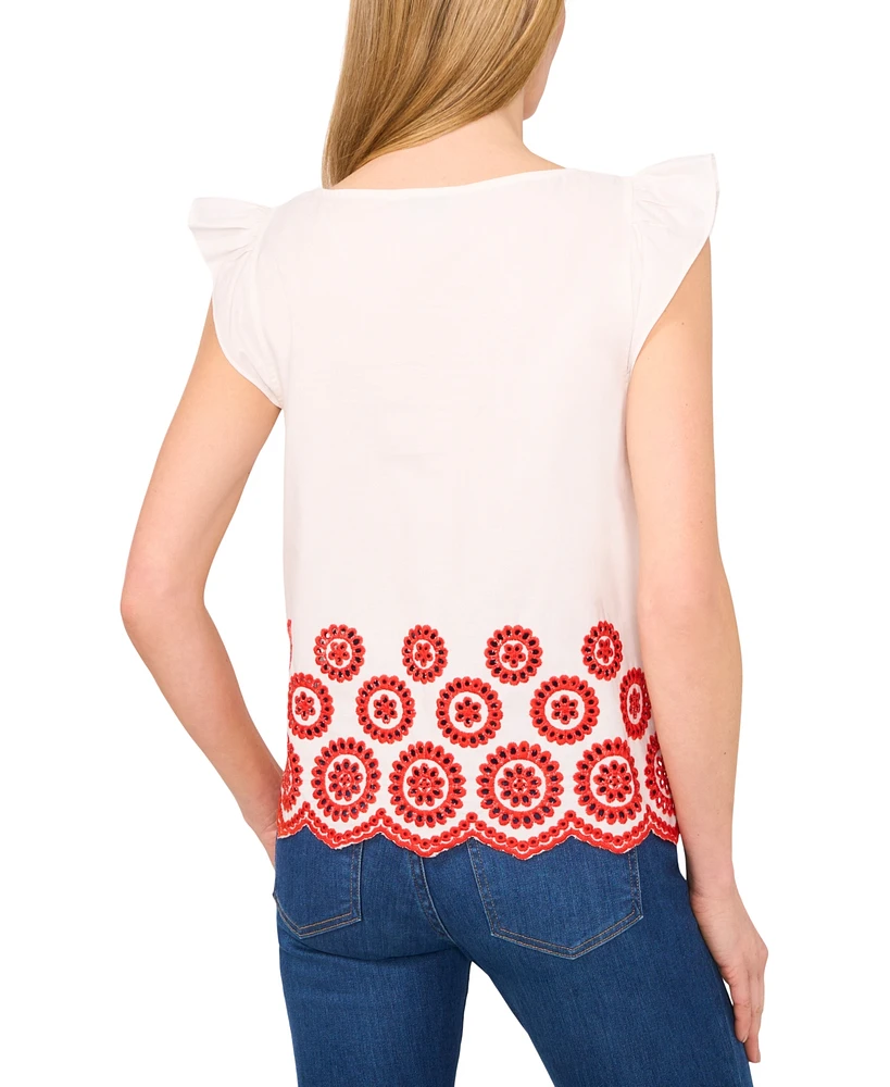 CeCe Women's Contrast Embroidered Cotton Cap-Sleeve Blouse