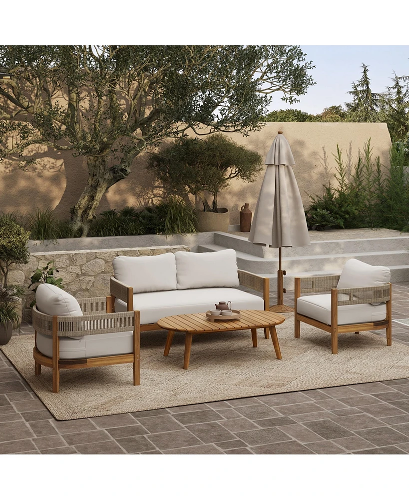 LuxenHome Outdoor Acacia Wood with Rope Sides Club Loveseat with Cushions and Coffee Table