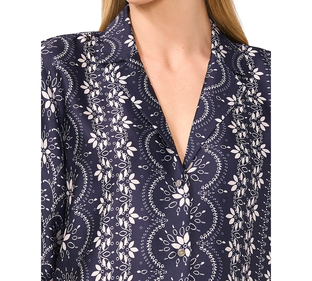 CeCe Women's Printed Short-Sleeve Camp Top