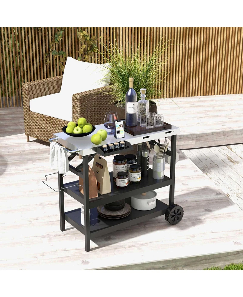 3 Tiers Foldable Outdoor Cart on 2 Wheels with Phone Holder