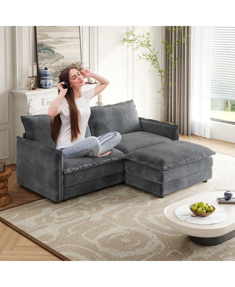 Corduroy Loveseat Sofa with Ottoman & 2 Cushions