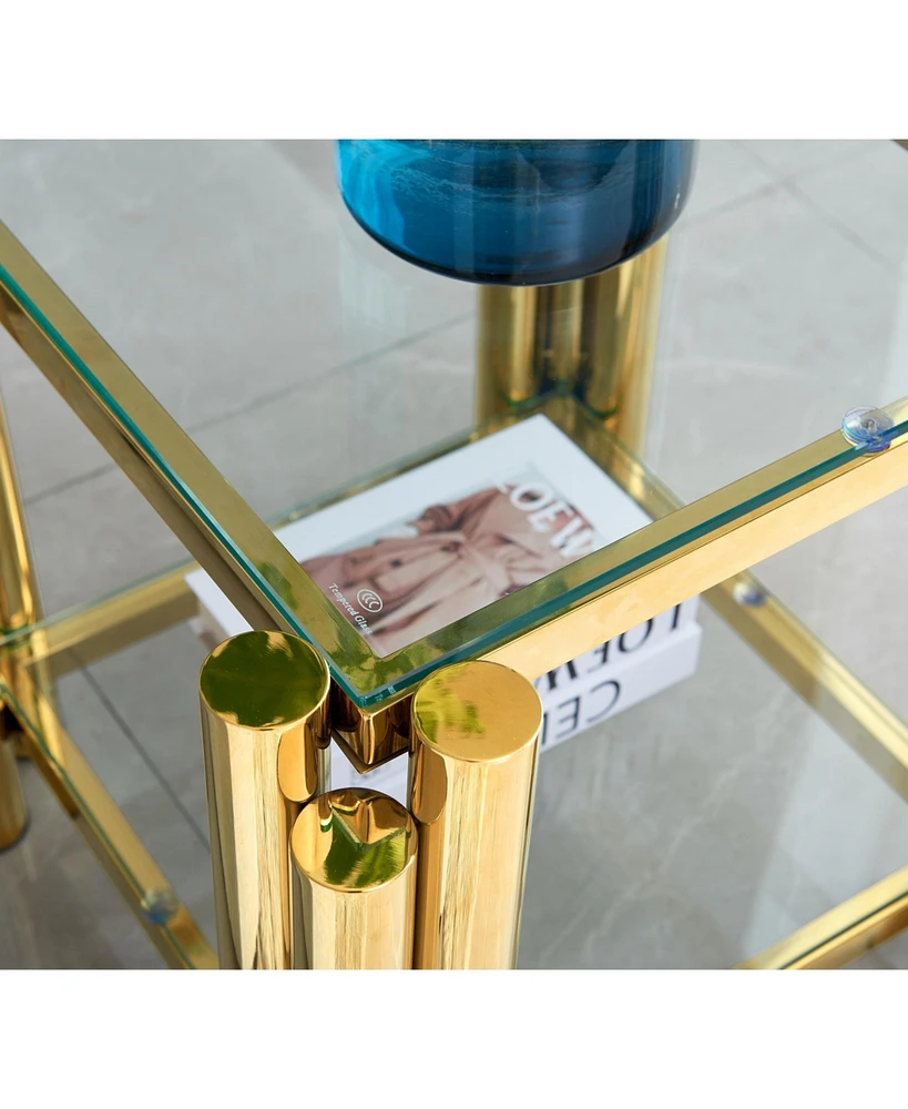 20" Square End Table with Glass & Stainless Steel, Gold Storage