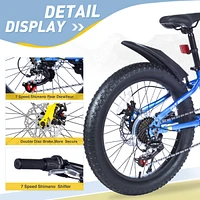 24 Inch Bicycles, Fat Tire Mountain Bike for Boys and Girls Age 10 + Years, Dual-Disc Brake,Shimano 7-Speed, Kids Beach and Snow Bicycle