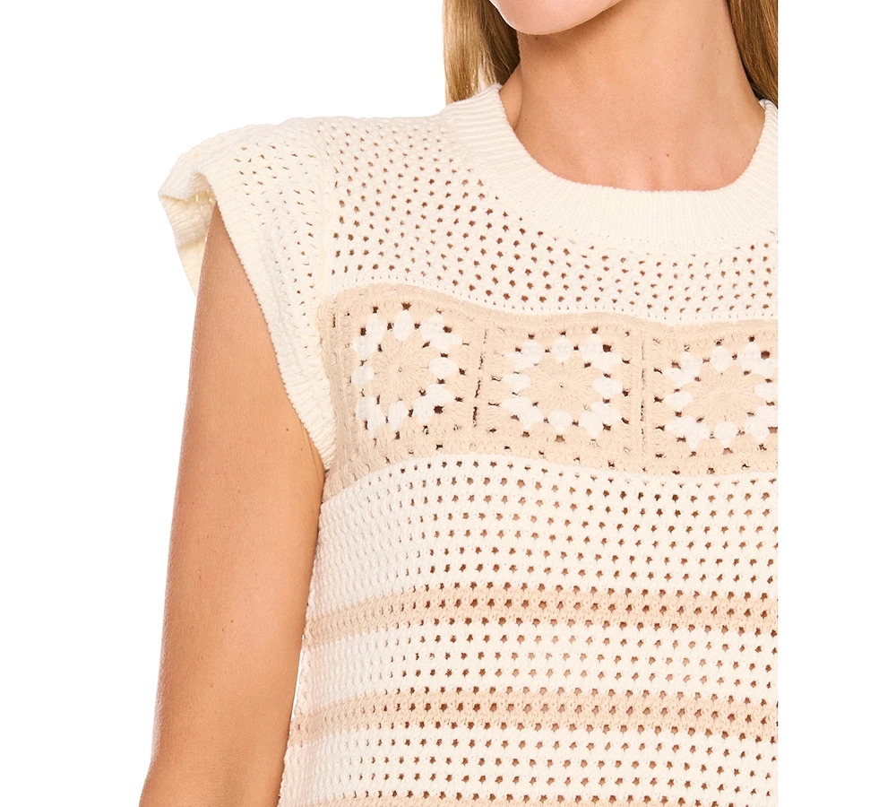 CeCe Women's Floral Crocheted Short-Sleeve Sweater