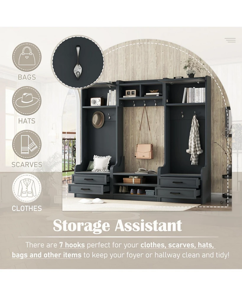 4-in-1 Hall Tree: Storage, Hooks, Drawers & Bench - Antique Blue
