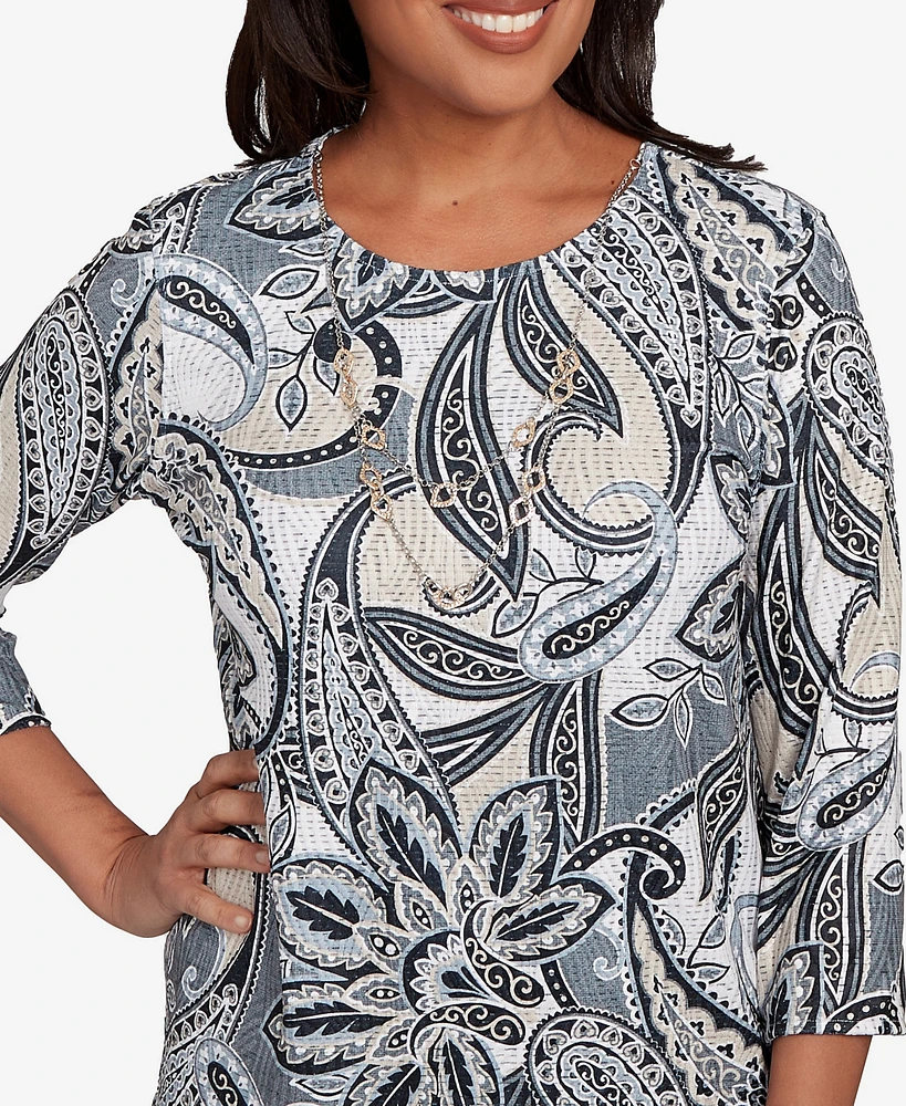 Alfred Dunner Petite Santa Barbara Reversible Paisley Crew Neck Top with Necklace