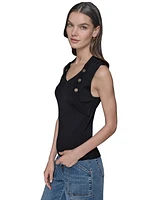 Karl Lagerfeld Paris Women's Ribbed Button-Front Sweater Tank Top