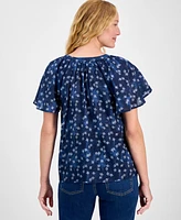 Style & Co Petite Printed Split-Neck Flutter-Sleeve Top, Exclusively at Macy's