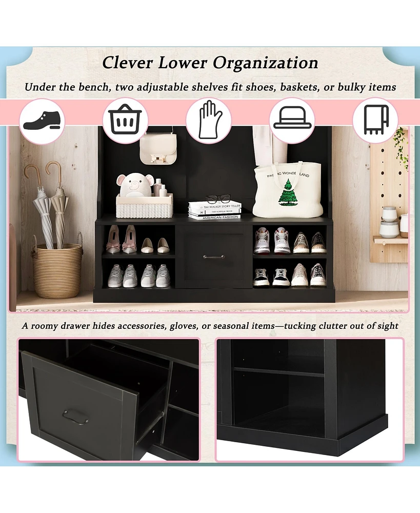 Hall Tree with Bench, Hooks & Drawer