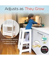 Stepup Baby Toddler Tower with Adjustable Step, White Montessori-Inspired Toddler Step Stool, Standing Tower for Kids, Fits Under Kitchen Counters, Ad