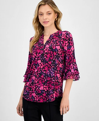 Kasper Women's Printed 3/4 Flutter Sleeve Top