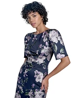 Jessica Howard Women's Petite Floral Print Short Sleeve Boat-neck Gown
