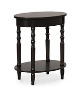 2-Tier Oval Side Table with Storage Shelf and Solid Wood Legs