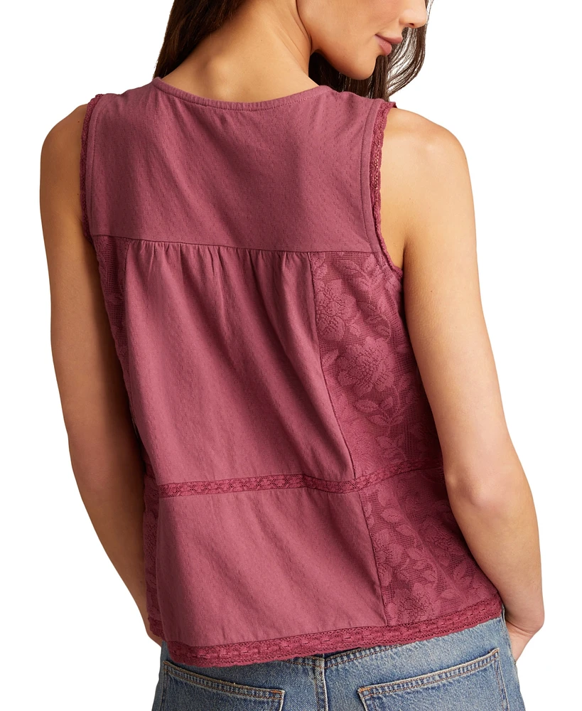 Lucky Brand Women's Lace-Trim Embroidered Cotton Sleeveless Top