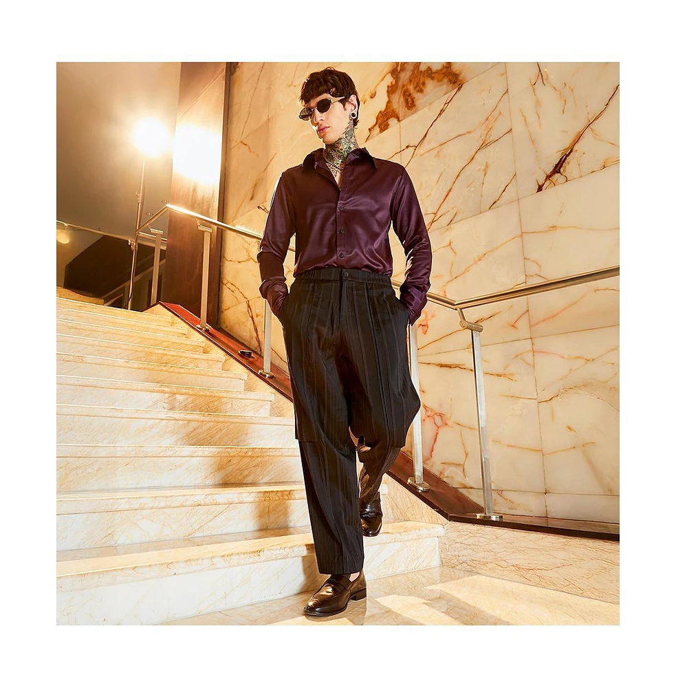 Campus Sutra Men's Onyx Black Unbalanced-Ridge Straight Trousers