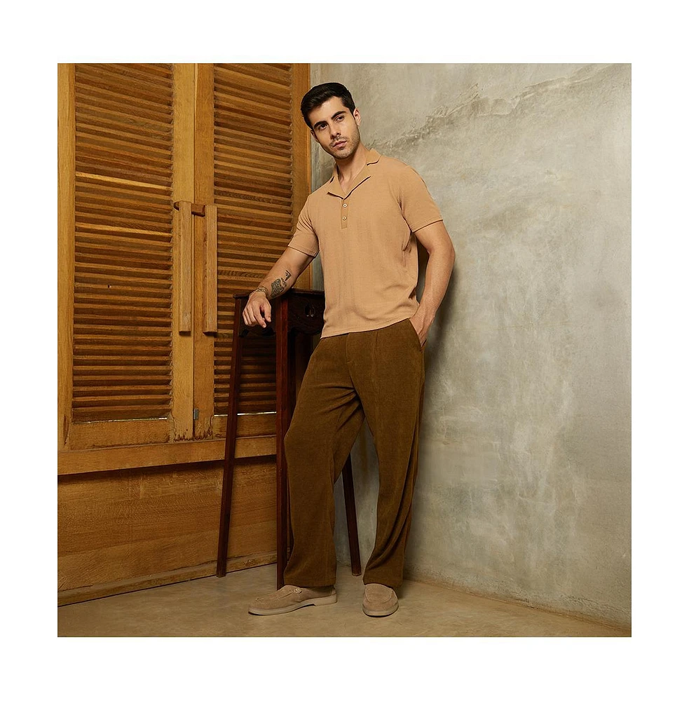 Campus Sutra Men's Peanut Brown Rope-Tactile Cuban Polo T-Shirt