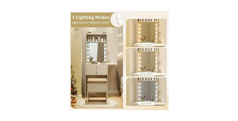 Compact Vanity Desk Set with 3-Color Lighted Mirror and Power Outlets