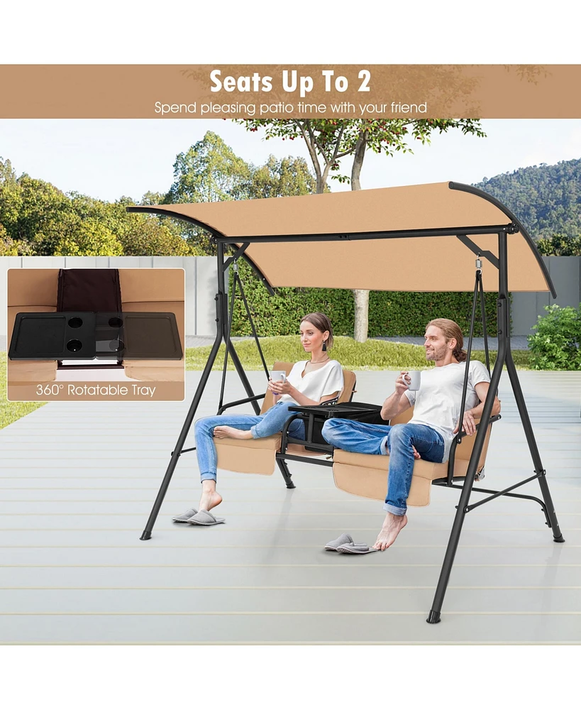 Gymax 2-Person Canopy Porch Swing Padded Chair Cooler Bag Rotatable Tray