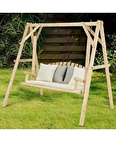 Gymax Wooden Porch Swing Outdoor Patio Rustic Torched Log Curved Back Bench A-Frame