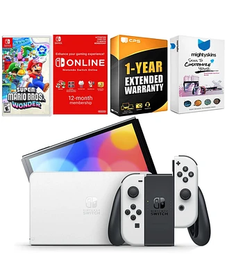 Nintendo Switch White Oled Console with Super Mario Bros. Wonder, Nso 12 Month Family Membership, MightySkins Console and Controller Skin Voucher, and