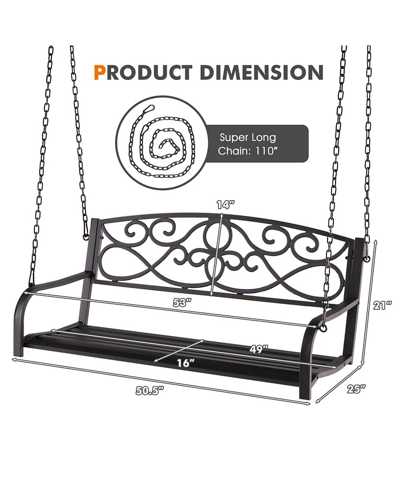 Gymax Patio Hanging Porch Swing Outdoor 2-Person Metal Swing Bench Chair w/ Chains