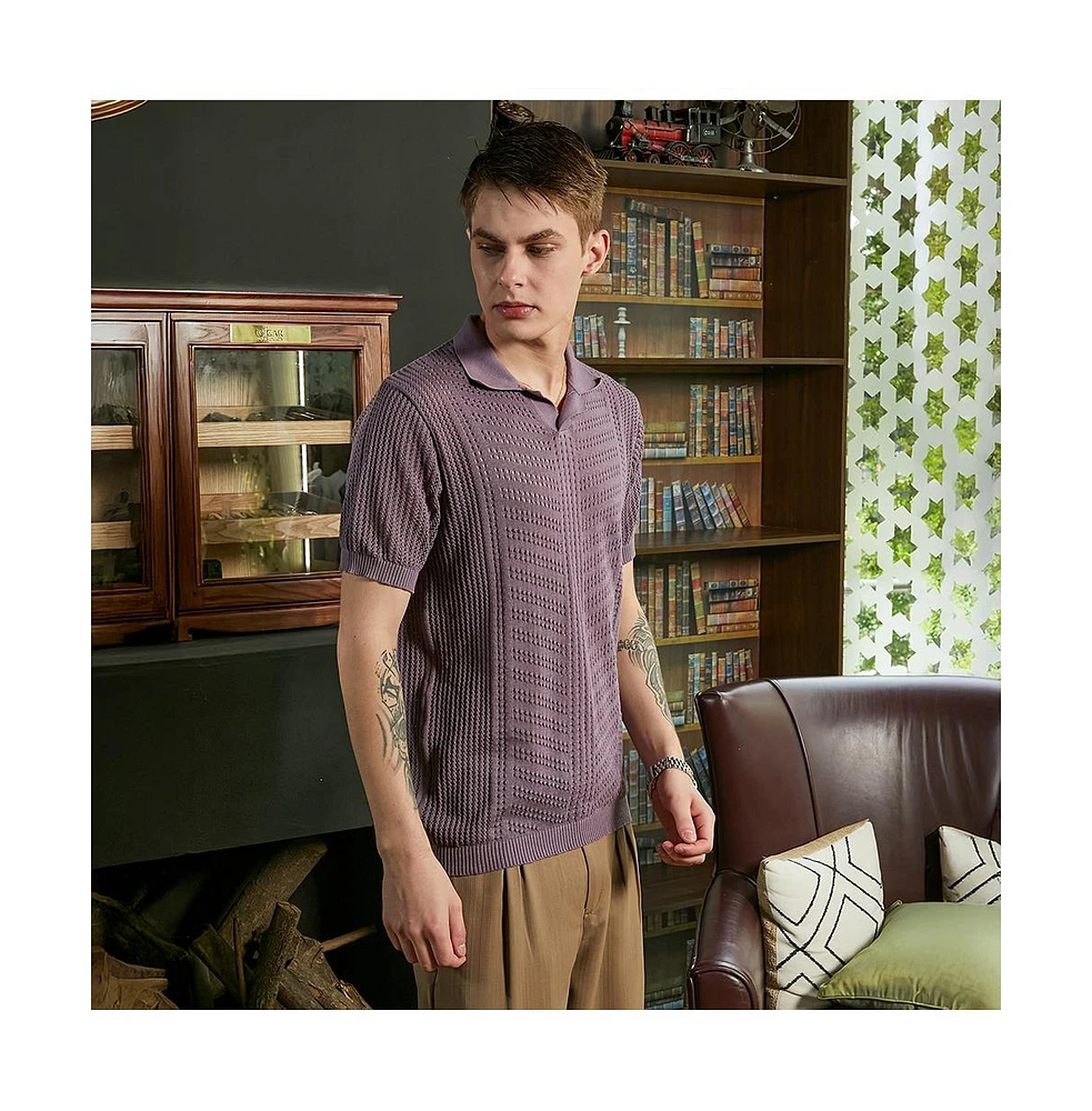 Campus Sutra Men's Mauve Purple Stripe-Textured Polo T-Shirt