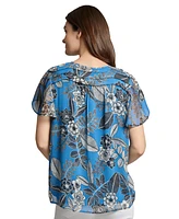 Jones New York Petite Short Sleeve Popover Shirred Neck Top