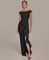 Donna Karan New York Women's Boat-neck Ruffle Slit Gown