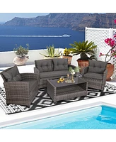 Gymax 4PC Rattan Patio Conversation Set Cushioned Outdoor Furniture Set