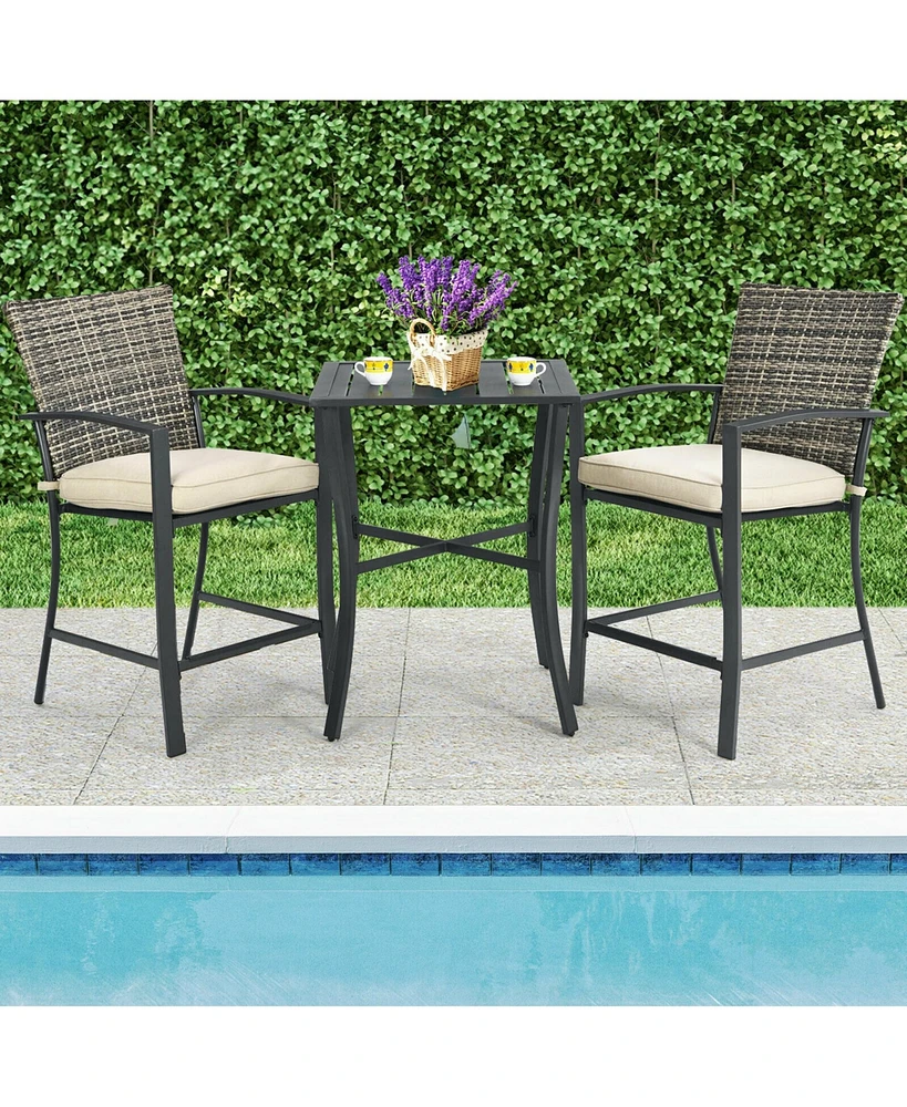 Gymax 3PCS Patio Metal Bar Set Outdoor Conversation Furniture Set w/ Cushions