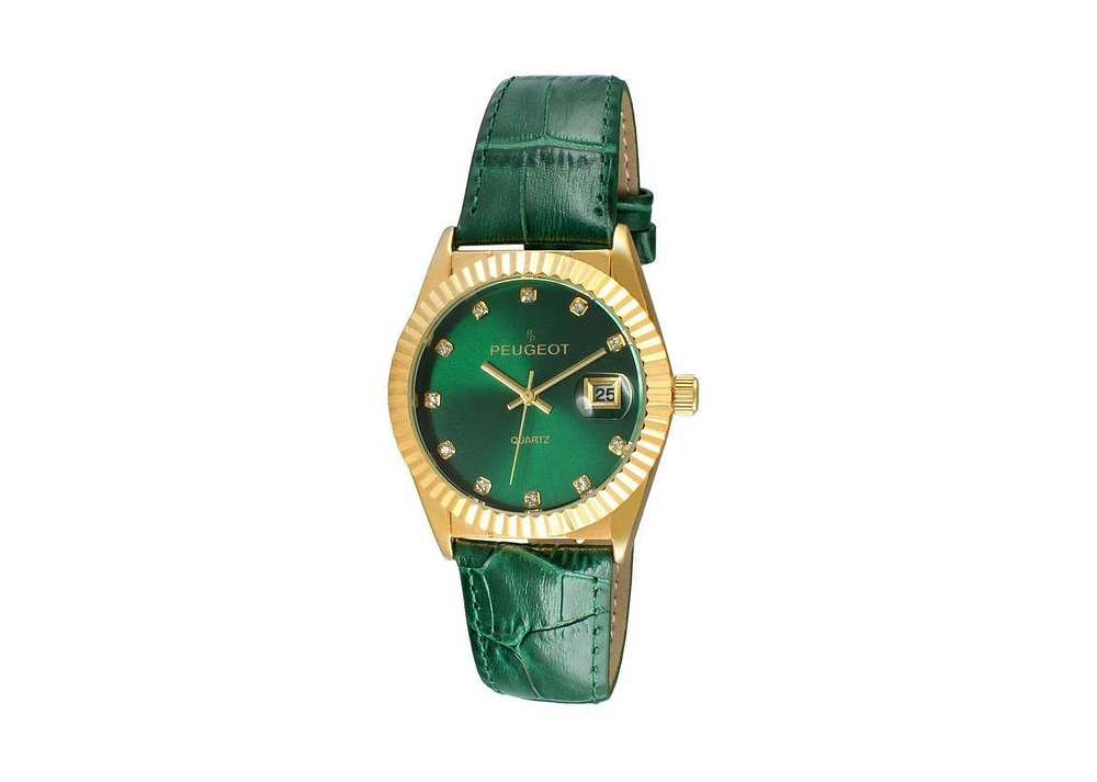 Peugeot Women's Green 36mm Fluted Bezel Watch with Leather Strap