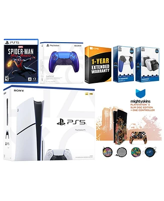 Sony Playstation 5 Slim Disc with Spider-Man: Miles Morales, Extra Chroma Teal Controller, Trigger Stop Kit, Charge Dock and MightySkins Decal Voucher