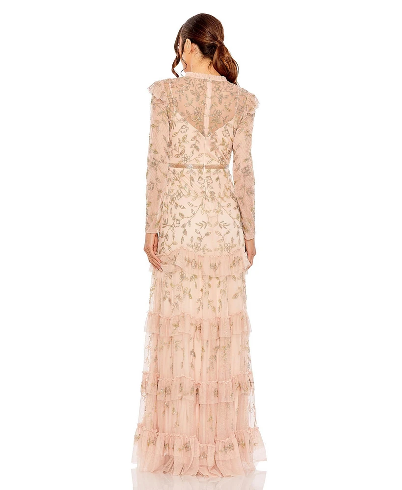 Mac Duggal Women's High Neck Flutter Cap Long Sleeve Tiered Embellish