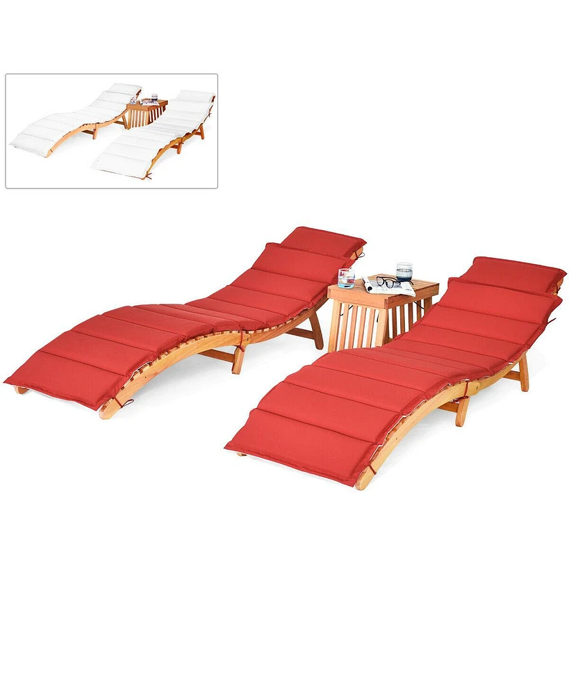 Gymax 3 Pcs Folding Eucalyptus Lounge Chair & Table Set w/ Double-sided Cushion