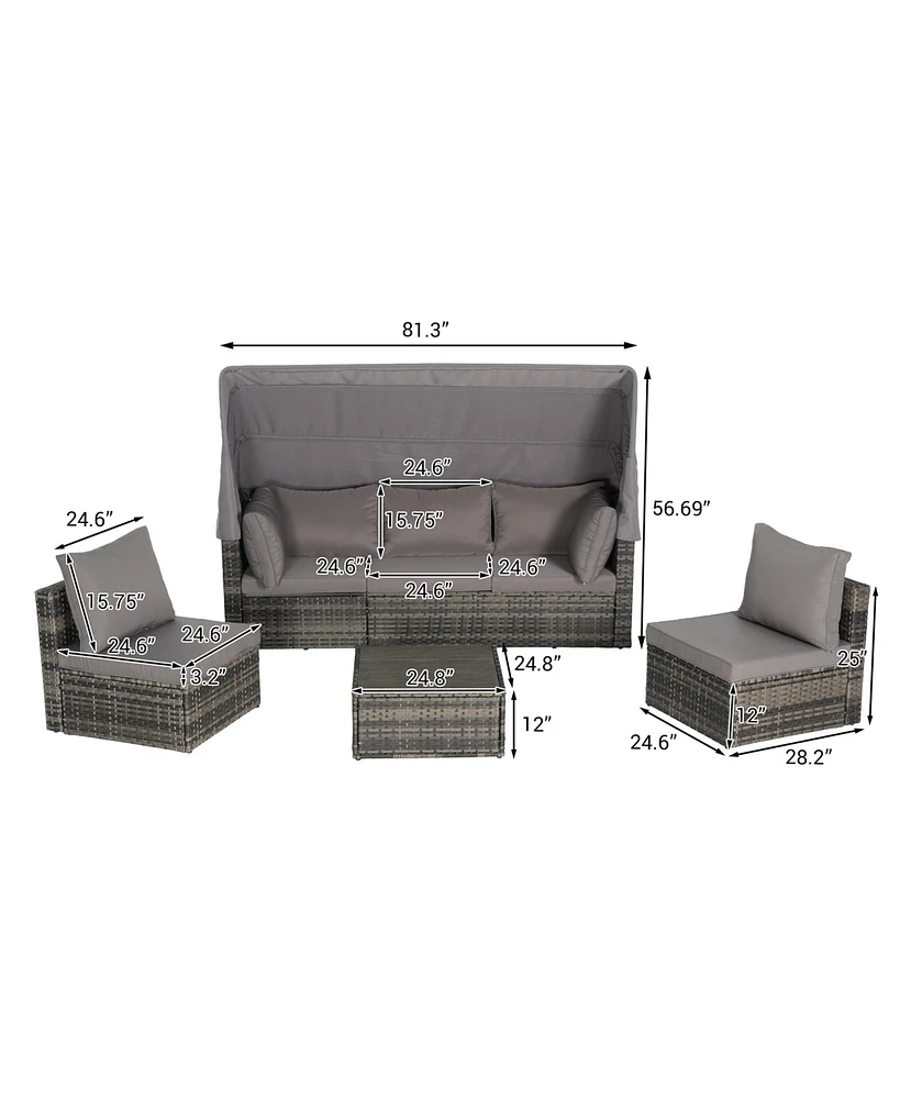 5 Piece Outdoor Daybed Set with Retractable Canopy and Side Table
