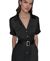 Karl Lagerfeld Paris Women's Belted Satin Shirtdress With Collared Neck