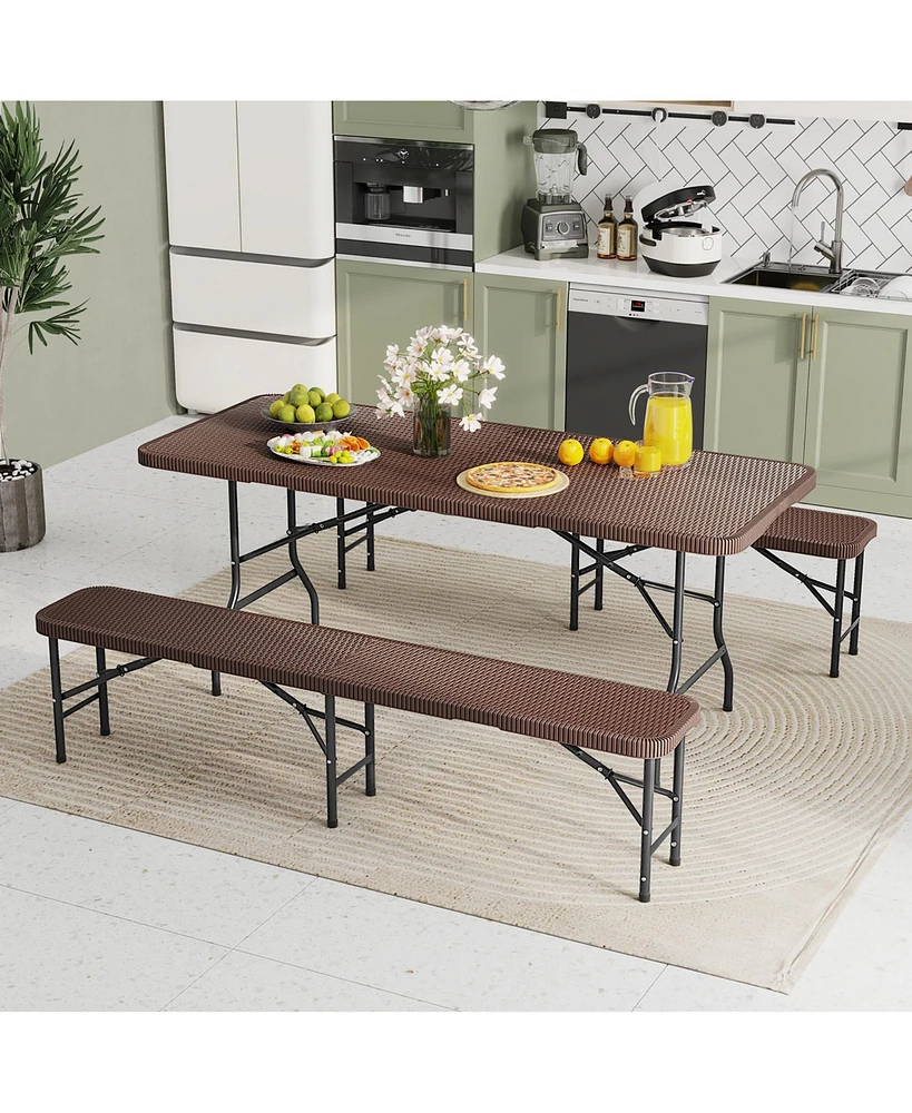 Gymax 3 Piece Folding Picnic Table Set w/ 6 ft Table & 2 Benches for Yard Camping