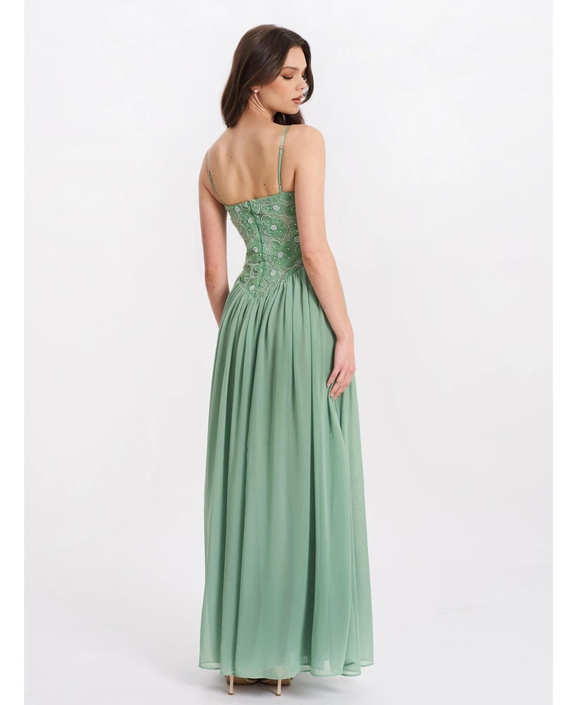 Miss Circle Women's Ucille Sage Green Embroidered Chiffon Maxi Dress