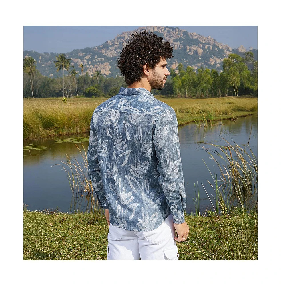 Campus Sutra Men's Steel Blue Stroked-Petals Shirt