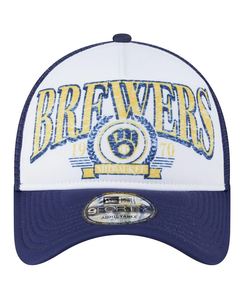 New Era Men's White Milwaukee Brewers Distressed 9FORTY A-Frame Adjustable Trucker Hat