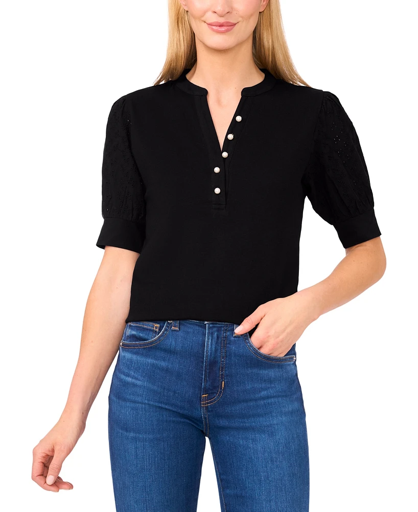 CeCe Women's Cotton Puffed-Sleeve Mixed-Media Top