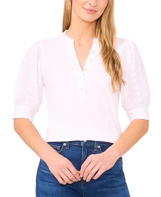 CeCe Women's Cotton Puffed-Sleeve Mixed-Media Top