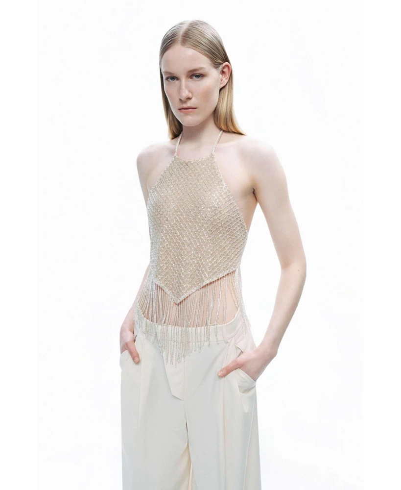 Nocturne Women's Beaded Tassel Detailed Crop Top