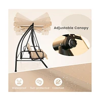2-Seat Outdoor Convertible Swing Chair with Flat Bed and Adjustable Canopy