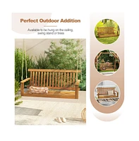 2-Seat Acacia Wood Porch Swing Bench with 2 Hanging Hemp Ropes