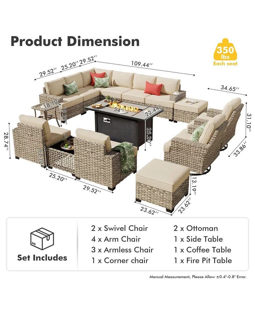Xizzi15 Piece Outdoor Patio Furniture Sets with Fire Pit Table,Wicker Sectional Sofa Swivel Chairs,Solar Powered Coffee Table and Ottoman