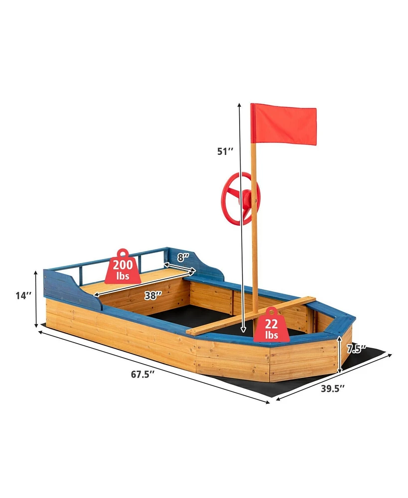 Kids' Pirate Boat Sandbox with Flag and Rudder